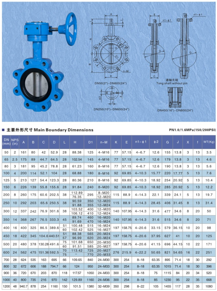 单夹式LT型手柄蝶阀LTD71X-150LB尺寸结构图 单夹式LT型手柄蝶阀LTD71X-150LB尺寸结构图
